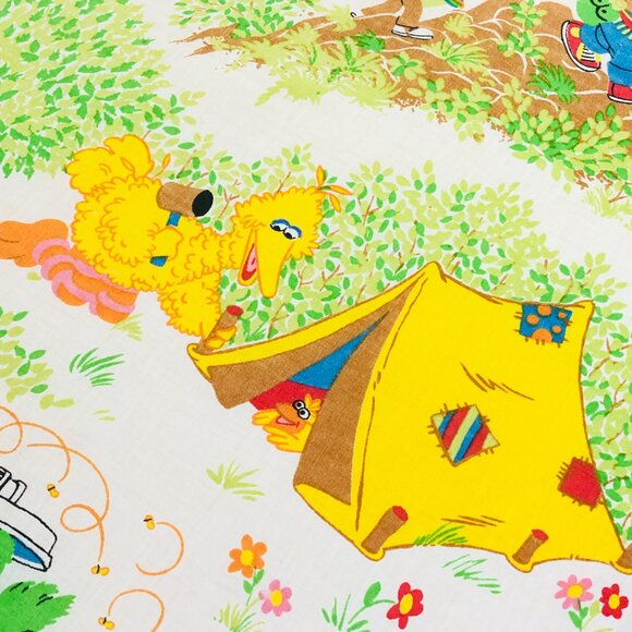 80s Sesame Street Muppets Camping TWIN Bed FLAT Top Sheet Vintage Bedroom Decor - Picture 10 of 13